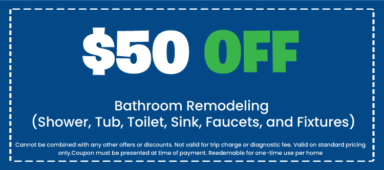  off bathroom remodeling coupon for shower, tub, toilet, sink, faucets, and fixtures from Your Plumber LLC, emphasizing special offers and discounts on plumbing services.