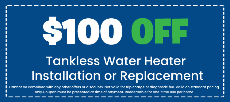 0 off tankless water heater installation or replacement coupon from Your Plumber LLC, highlighting special offer details and terms.