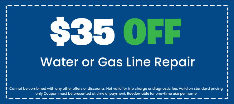  off coupon for water or gas line repair, featuring terms and conditions for Your Plumber LLC services.